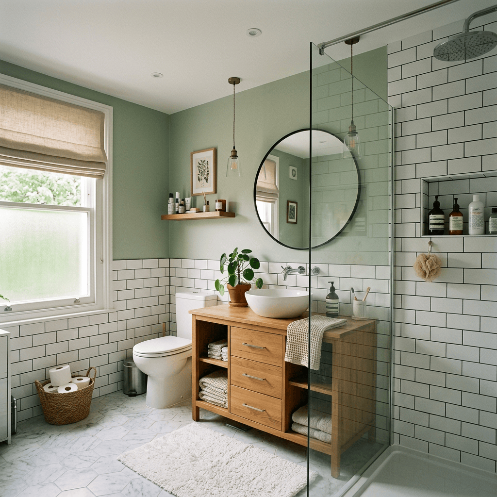 Bright bathroom with white subway tile, sage walls, wood vanity, shower, and round mirror