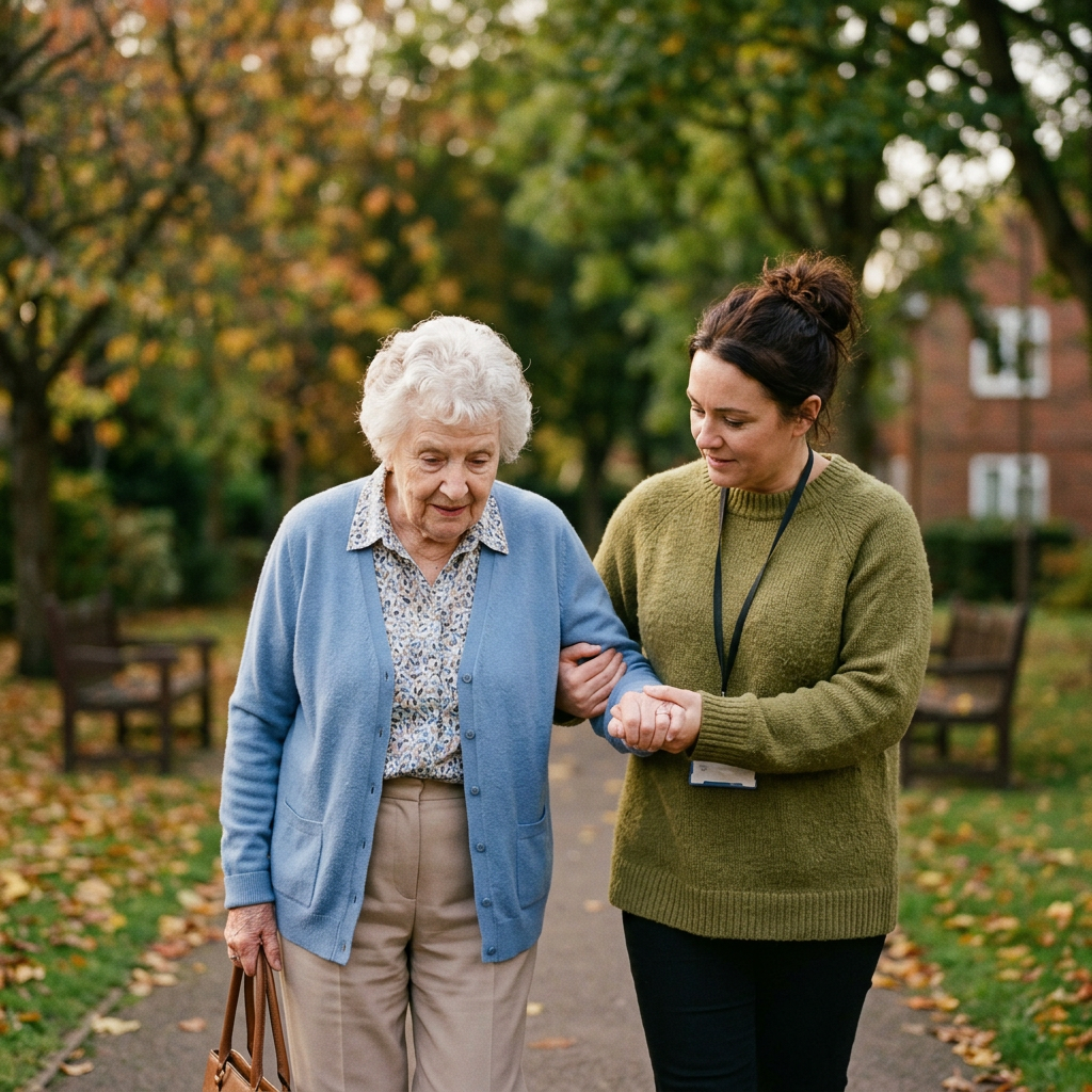 Elderly person guided by carer