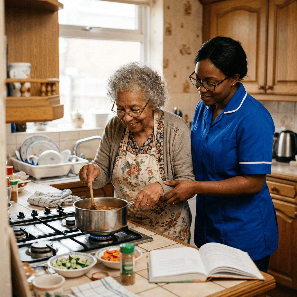 Elderly person cooking with carer