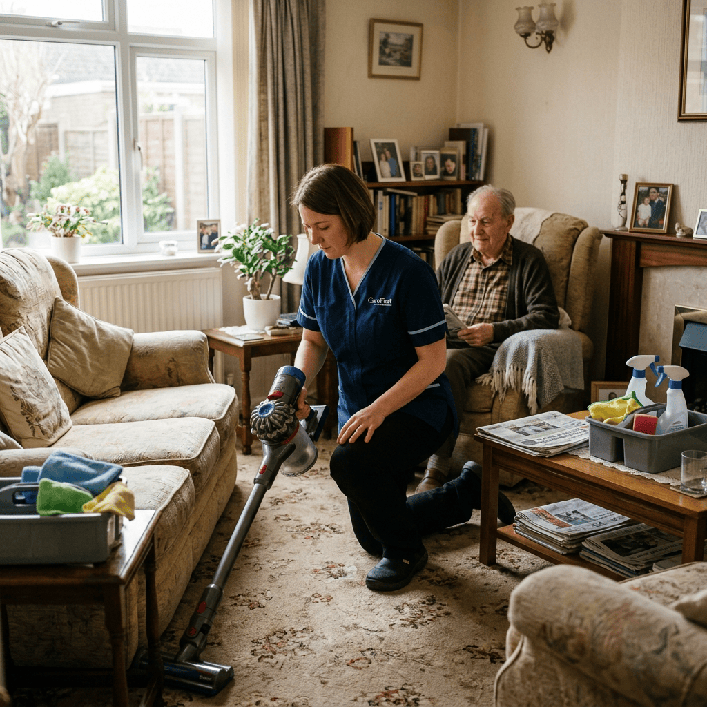 Caregiver vacuuming a living room while an older man sits nearby